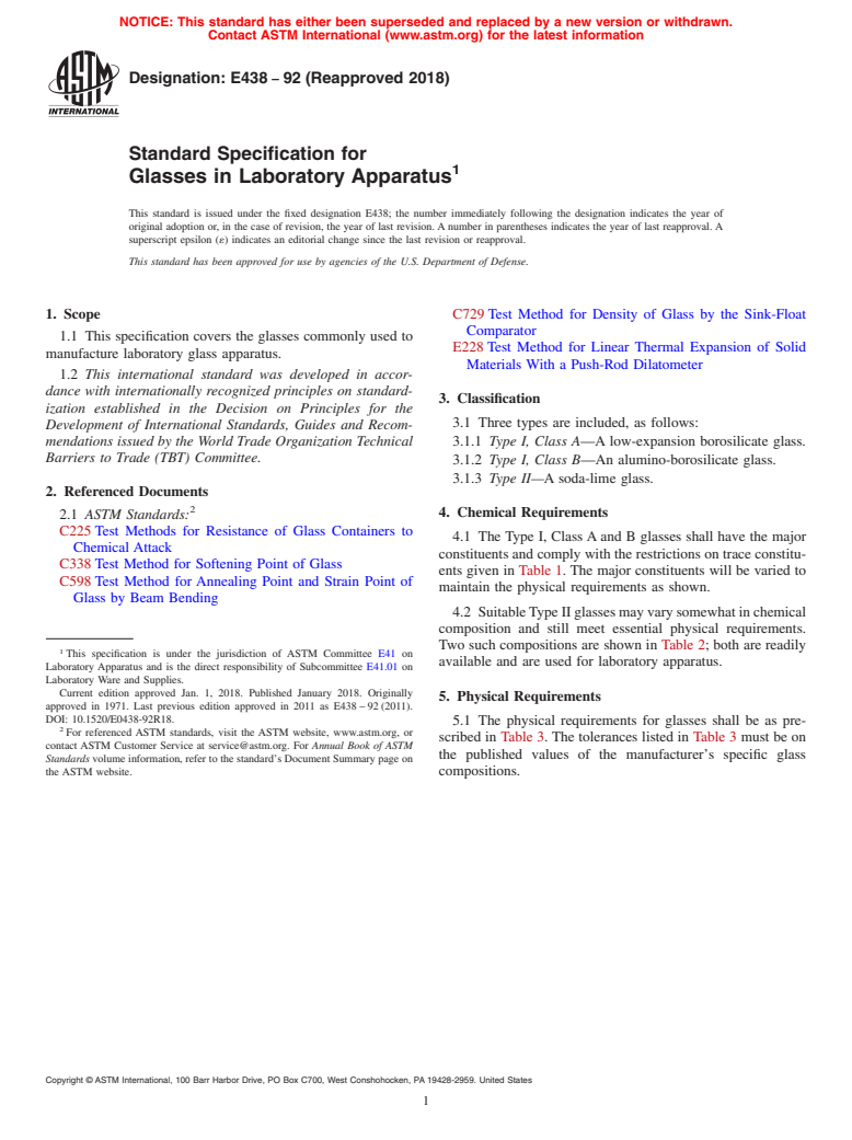 ASTM E438-92(2018) - Standard Specification for  Glasses in Laboratory Apparatus