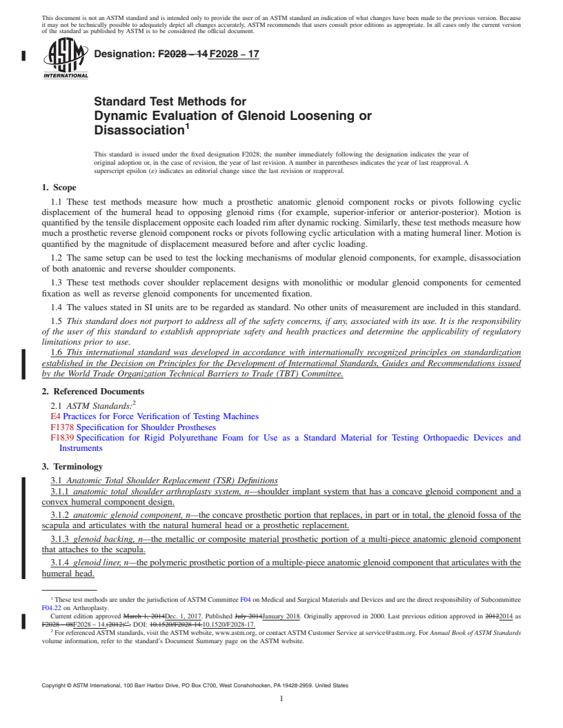 REDLINE ASTM F2028-17 - Standard Test Methods for Dynamic Evaluation of Glenoid Loosening or Disassociation