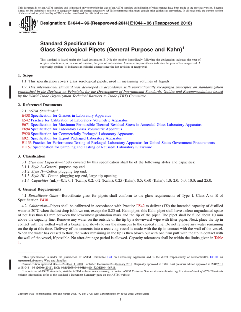 REDLINE ASTM E1044-96(2018) - Standard Specification for  Glass Serological Pipets (General Purpose and Kahn)