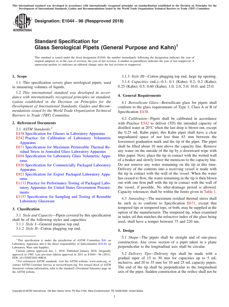 ASTM E1044-96(2018) - Standard Specification for  Glass Serological Pipets (General Purpose and Kahn)