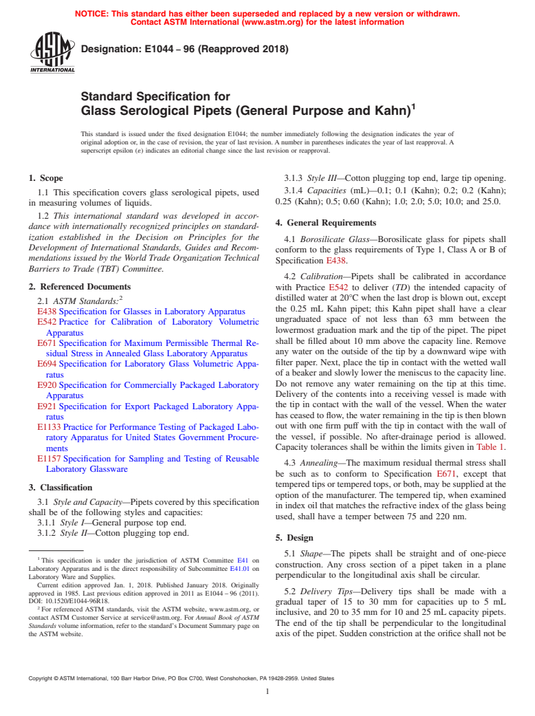 ASTM E1044-96(2018) - Standard Specification for  Glass Serological Pipets (General Purpose and Kahn)