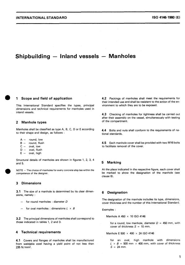 ISO 4146:1980 - Shipbuilding -- Inland vessels -- Manholes