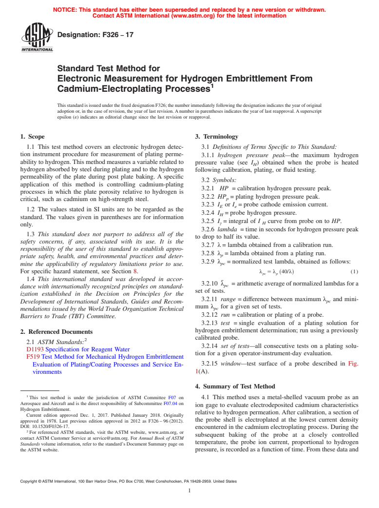 ASTM F326-17 - Standard Test Method for  Electronic Measurement for Hydrogen Embrittlement From Cadmium-Electroplating  Processes