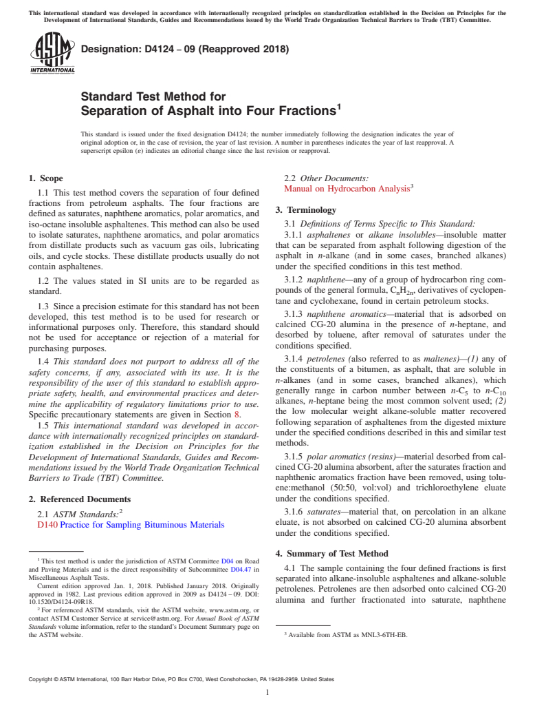 ASTM D4124-09(2018) - Standard Test Method for Separation of Asphalt into Four Fractions