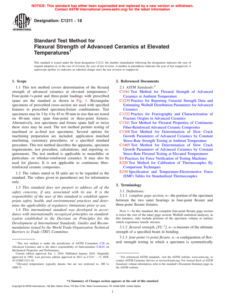 ASTM C1211-18 - Standard Test Method for Flexural Strength of Advanced Ceramics at Elevated Temperatures