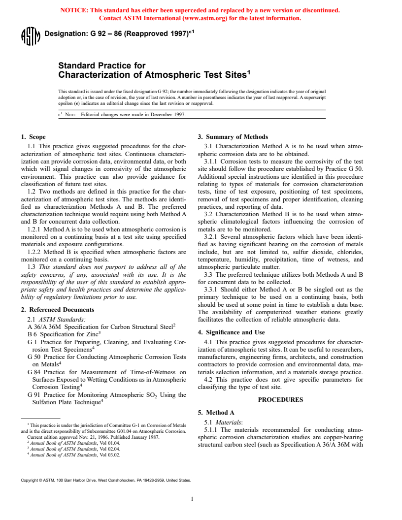 ASTM G92-86(1997)e1 - Standard Practice for Characterization of Atmospheric Test Sites