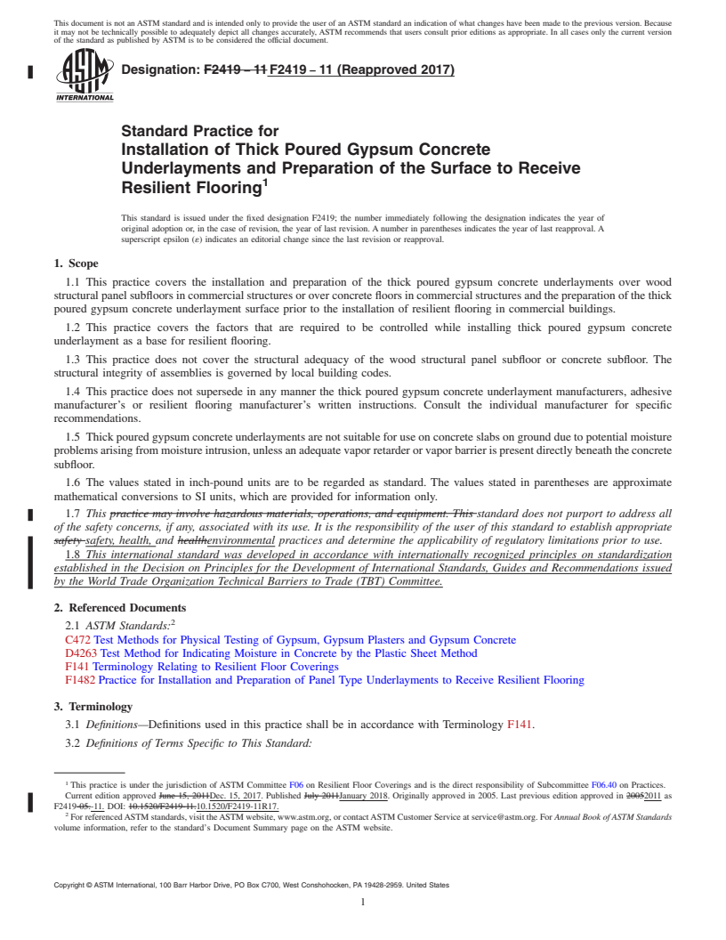 REDLINE ASTM F2419-11(2017) - Standard Practice for  Installation of Thick Poured Gypsum Concrete Underlayments  and Preparation of the Surface to Receive Resilient Flooring