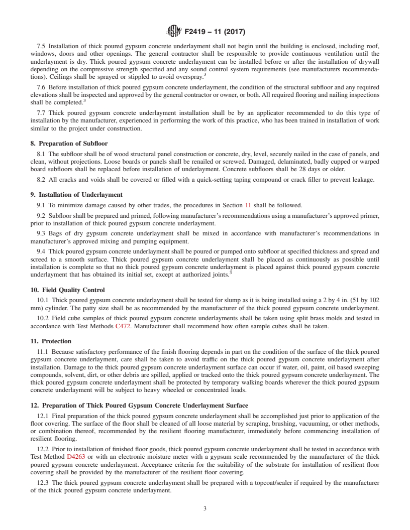 REDLINE ASTM F2419-11(2017) - Standard Practice for  Installation of Thick Poured Gypsum Concrete Underlayments  and Preparation of the Surface to Receive Resilient Flooring