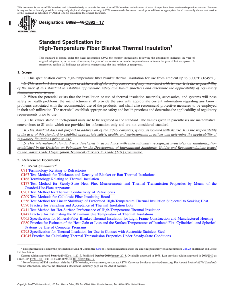 REDLINE ASTM C892-17 - Standard Specification for  High-Temperature Fiber Blanket Thermal Insulation