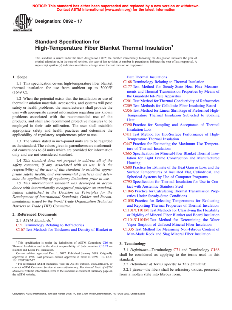 ASTM C892-17 - Standard Specification for  High-Temperature Fiber Blanket Thermal Insulation
