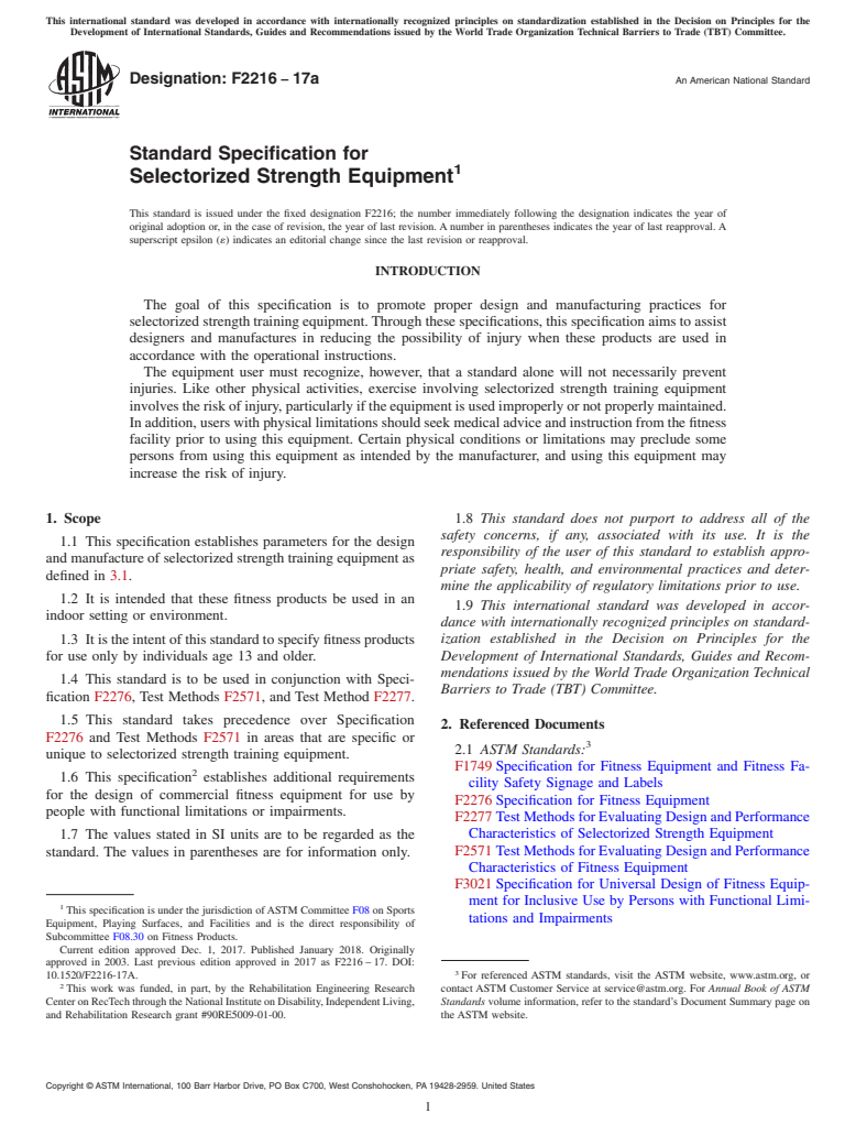 ASTM F2216-17a - Standard Specification for Selectorized Strength Equipment