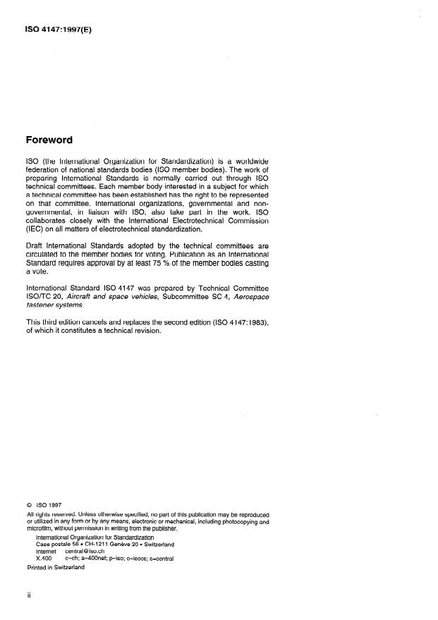 ISO 4147:1997 ISO 4147:1997 - Aerospace -- Nuts, hexagonal, slotted (castellated), normal height, normal across flats, with MJ threads, classifications: 600 MPa (at ambient temperature)/120 degrees C, 600 MPa (at ambient temperature)/235 degrees C, 900 MPa (at ambient temperature)/425 degrees C, 1 100 MPa (at ambient temperature)/235 degrees C, 1 100 MPa (at ambient temperature)/315 degrees C, 1 100 MPa (at ambient temperature)/650 degrees C, 1 210 MPa (at ambient temperature)/730 degrees C, 1 250 MPa (at ambient temperature)/235 degrees C and 1 550 MPa (at ambient temperature)/600 degrees C -- Dimensions - Page 2 preview