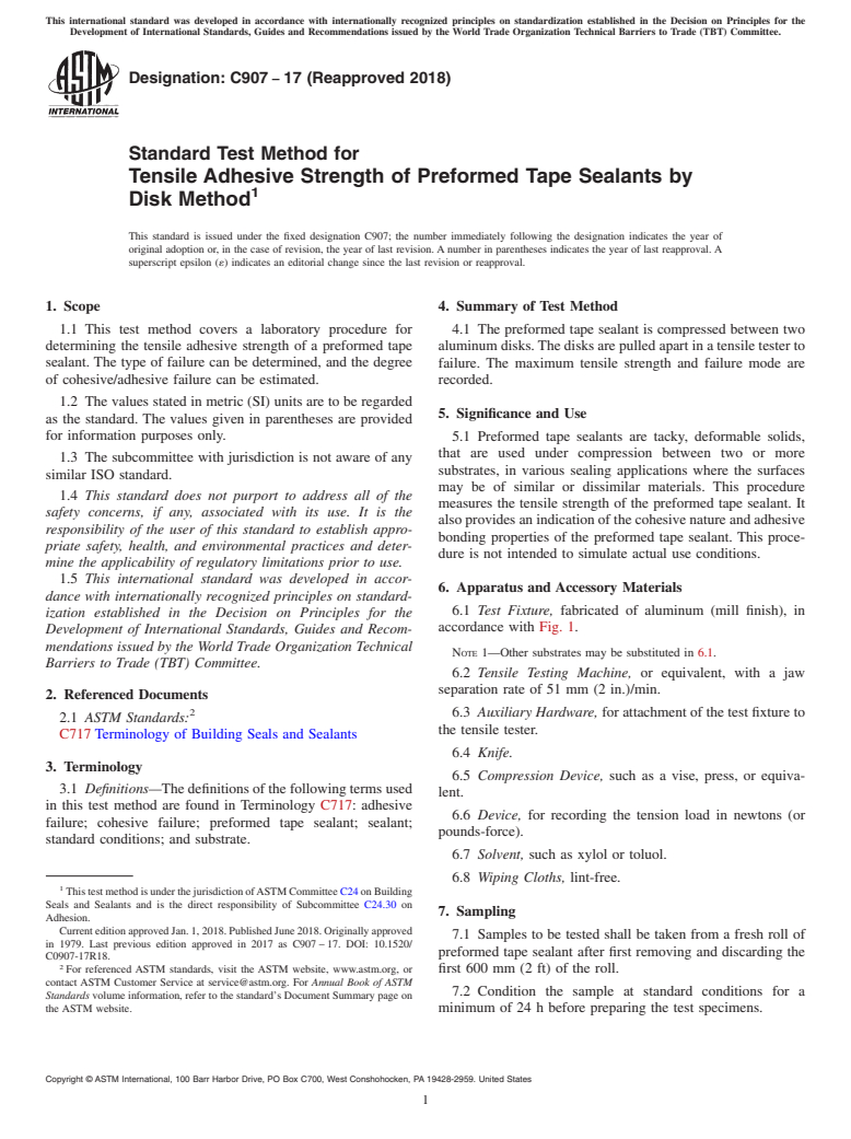 ASTM C907-17(2018) - Standard Test Method for  Tensile Adhesive Strength of Preformed Tape Sealants by Disk  Method