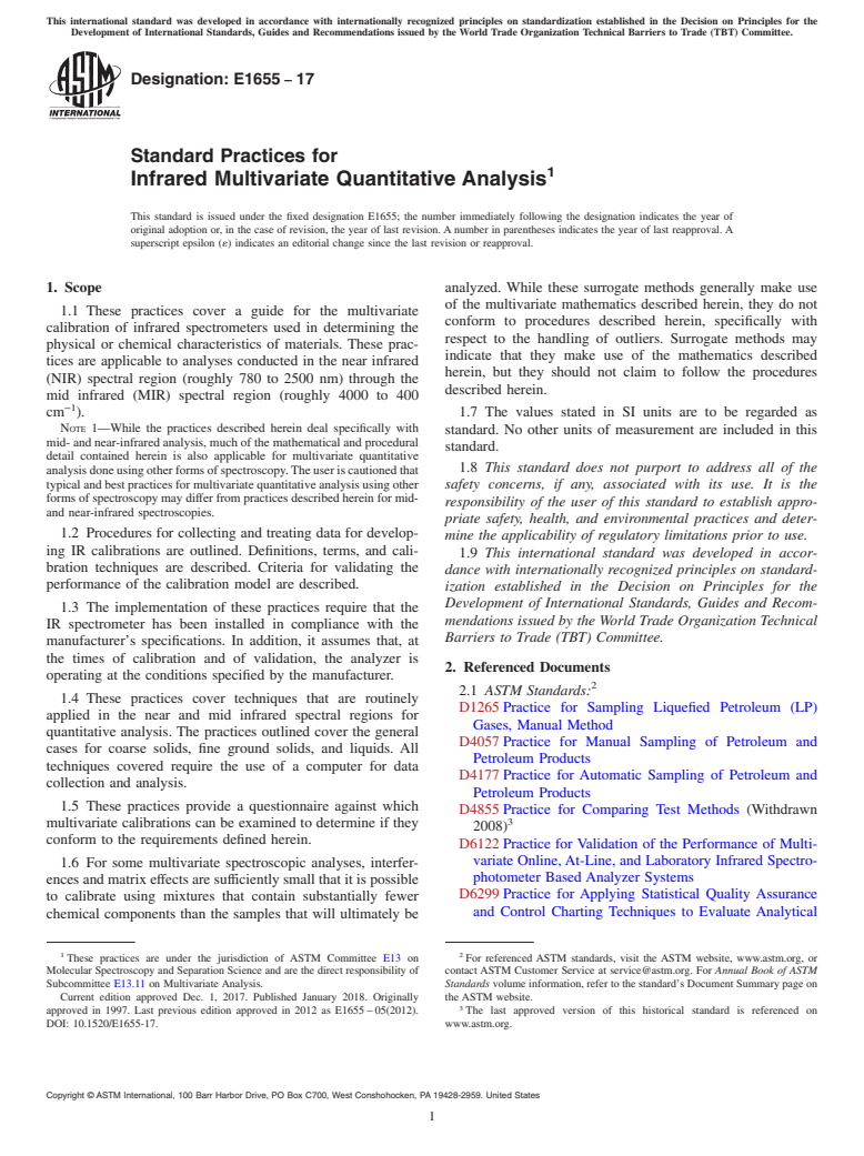 ASTM E1655-17 - Standard Practices for Infrared Multivariate Quantitative Analysis