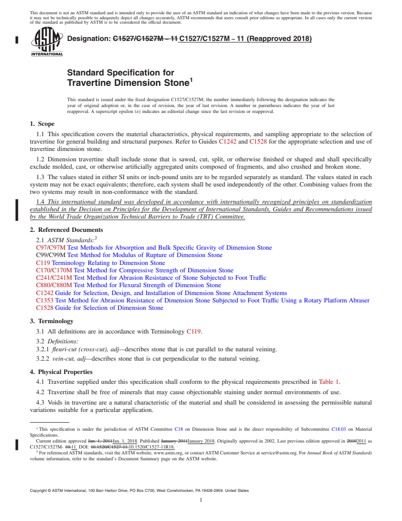 REDLINE ASTM C1527/C1527M-11(2018) - Standard Specification for  Travertine Dimension Stone