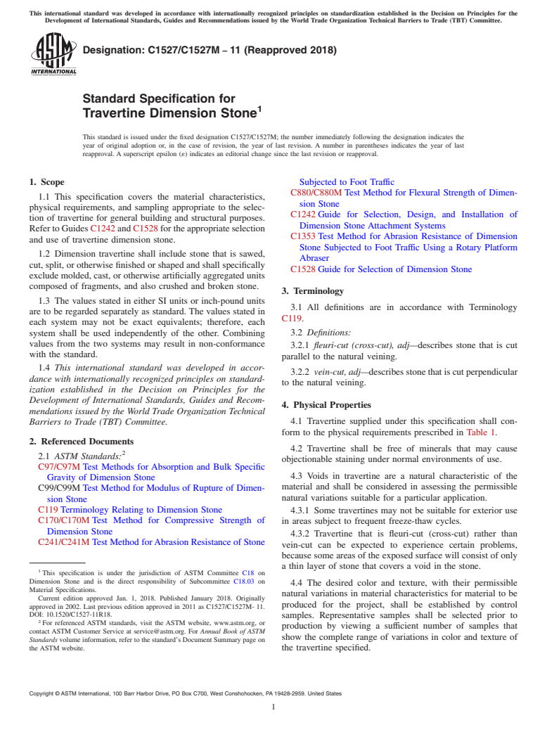 ASTM C1527/C1527M-11(2018) - Standard Specification for  Travertine Dimension Stone