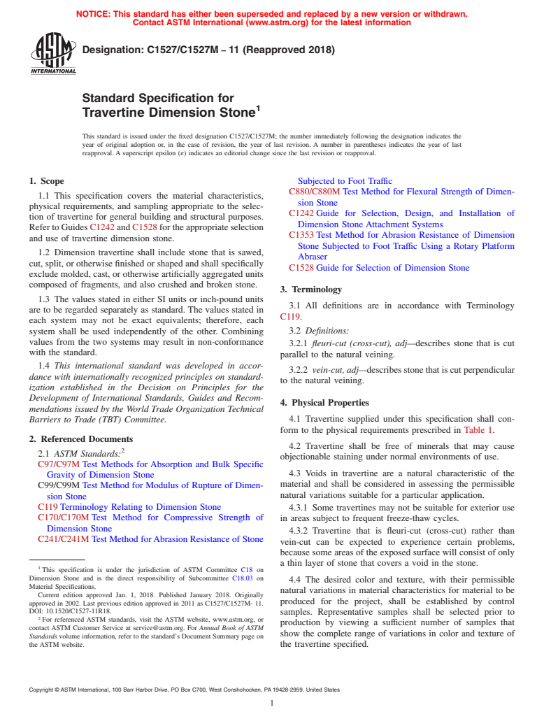 ASTM C1527/C1527M-11(2018) - Standard Specification for  Travertine Dimension Stone