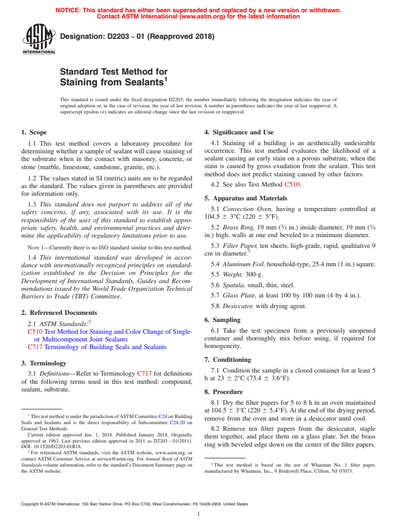 ASTM D2203-01(2018) - Standard Test Method for Staining from Sealants