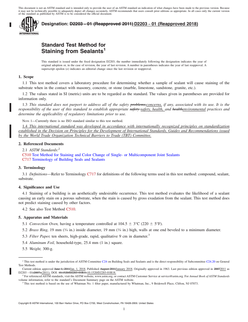 REDLINE ASTM D2203-01(2018) - Standard Test Method for  Staining from Sealants