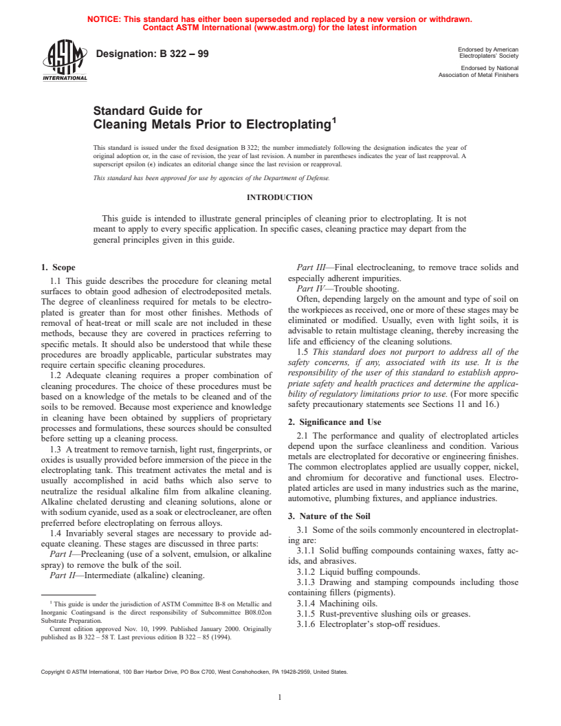 ASTM B322-99 - Standard Guide for Cleaning Metals Prior to Electroplating