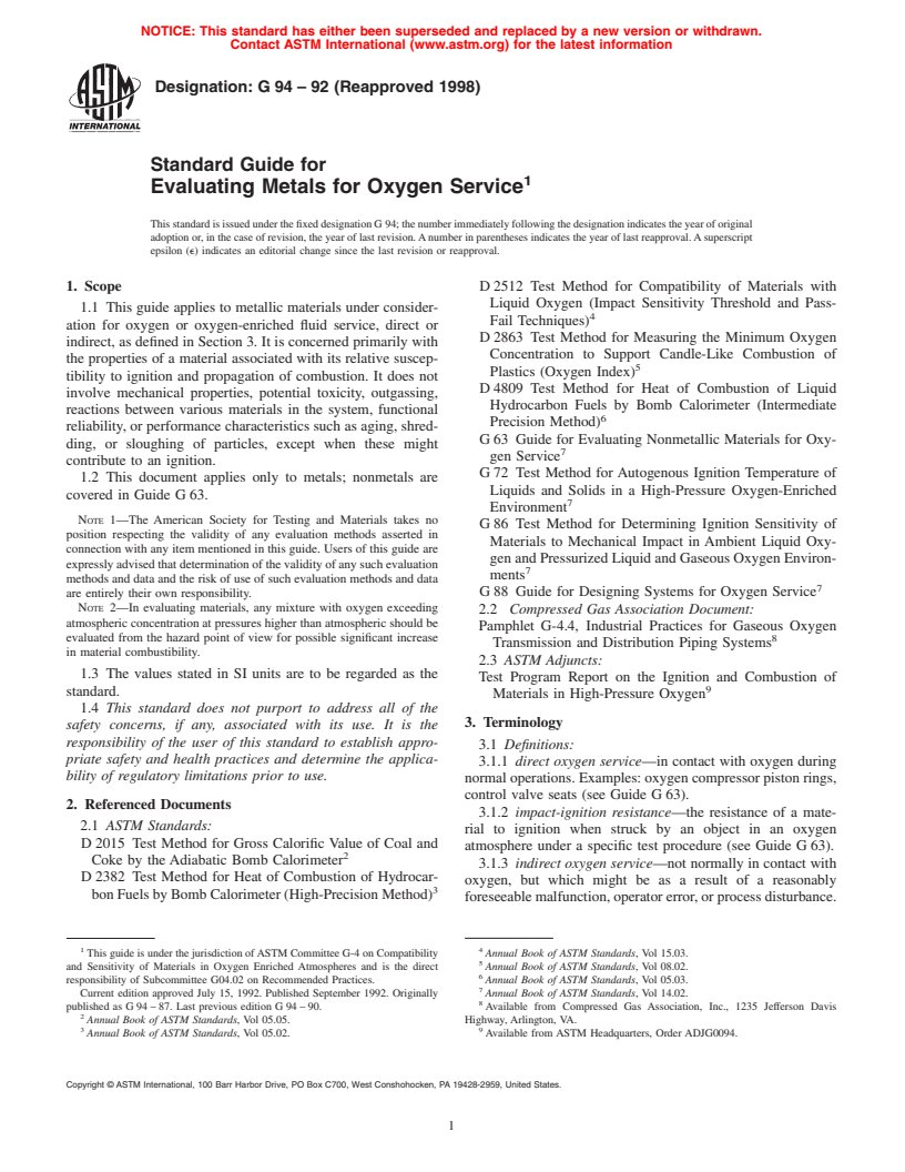 ASTM G94-92(1998) - Standard Guide for Evaluating Metals for Oxygen Service