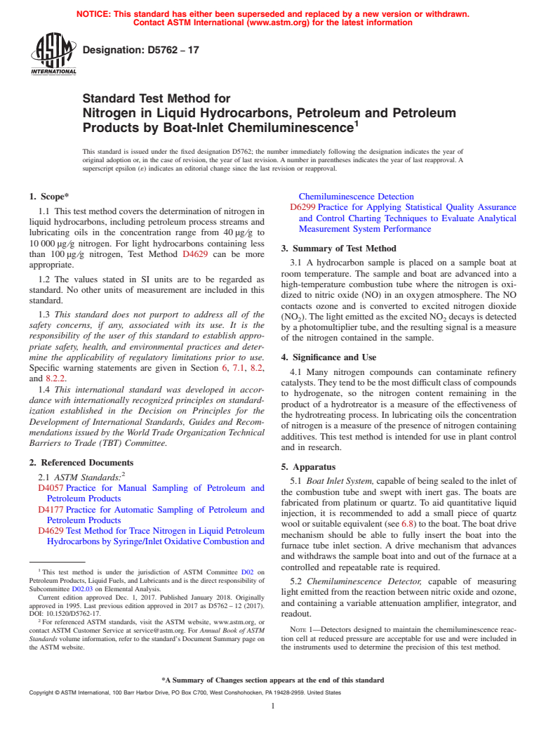 ASTM D5762-17 - Standard Test Method for  Nitrogen in Liquid Hydrocarbons, Petroleum and Petroleum Products  by Boat-Inlet Chemiluminescence