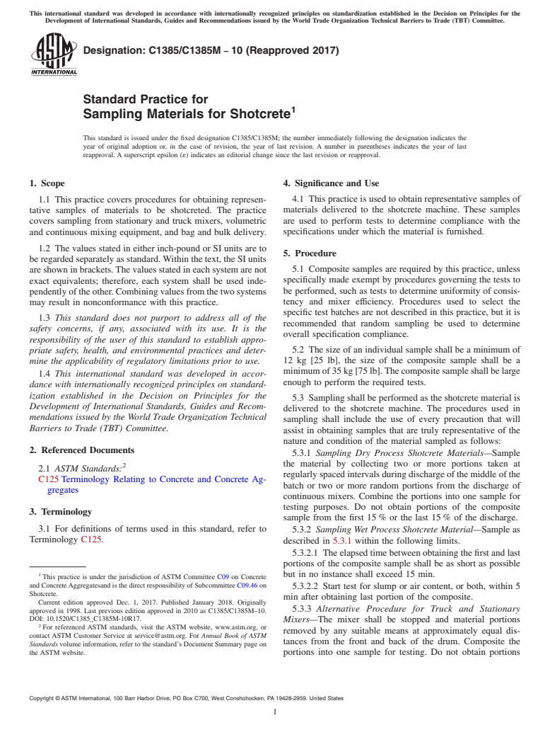 ASTM C1385/C1385M-10(2017) - Standard Practice for  Sampling Materials for Shotcrete