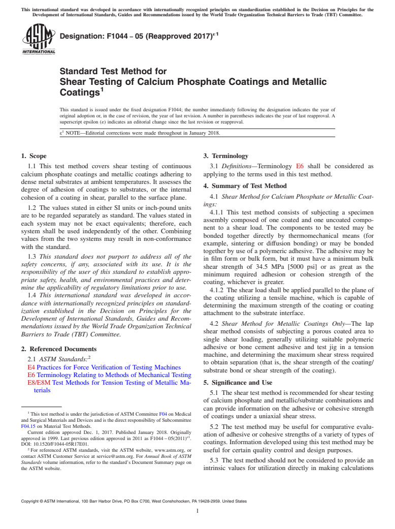 ASTM F1044-05(2017)e1 - Standard Test Method for  Shear Testing of Calcium Phosphate Coatings and Metallic Coatings