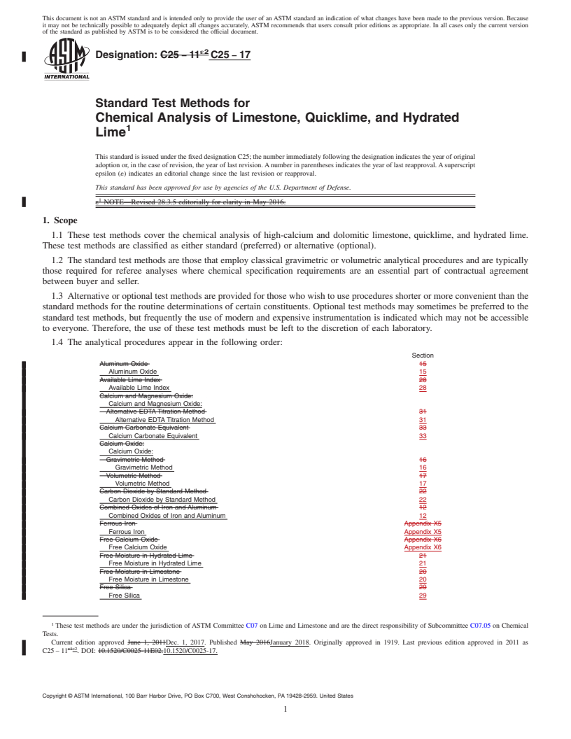 REDLINE ASTM C25-17 - Standard Test Methods for  Chemical Analysis of Limestone, Quicklime, and Hydrated Lime