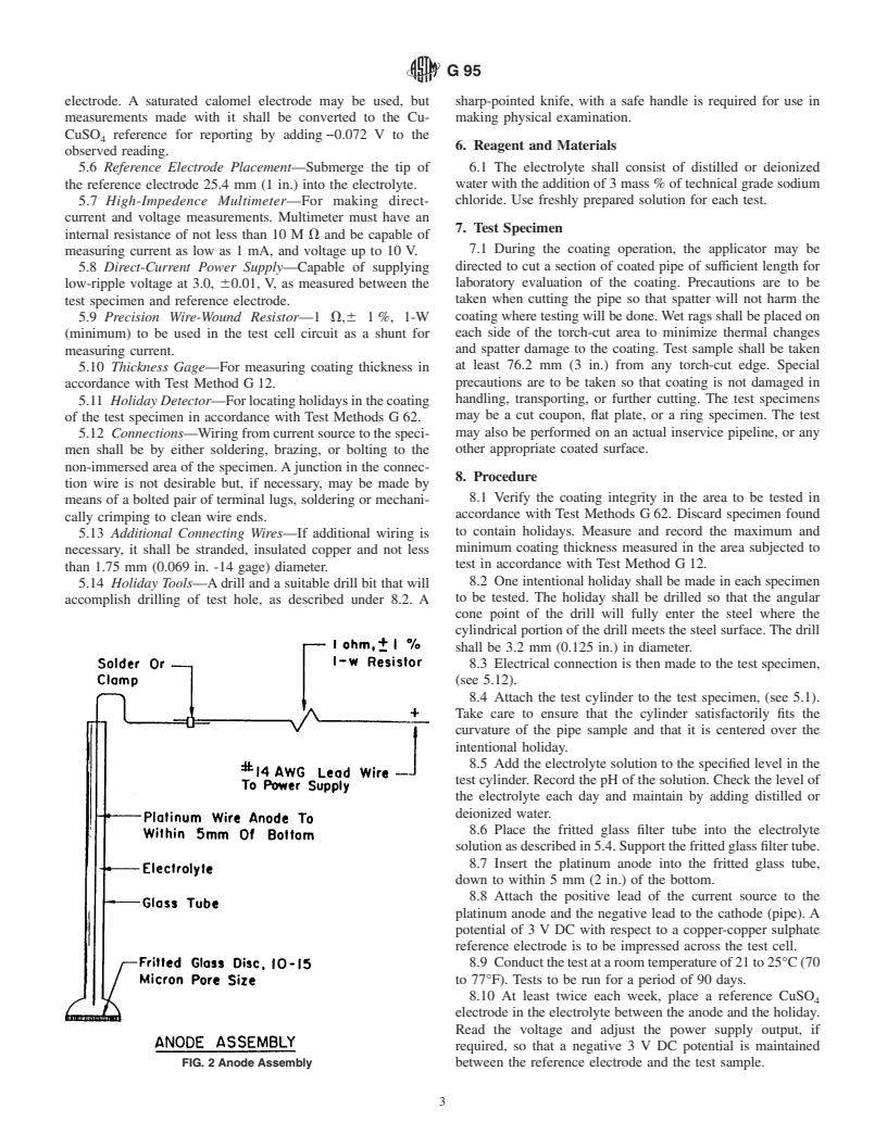 ASTM G95-87(1998)e1 - Standard Test Method for Cathodic Disbondment Test of Pipeline Coatings (Attached Cell Method) (Withdrawn 2007)