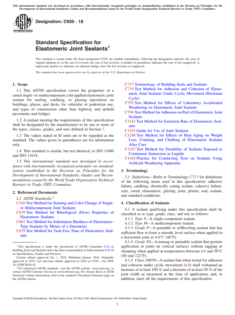 ASTM C920-18 - Standard Specification for  Elastomeric Joint Sealants