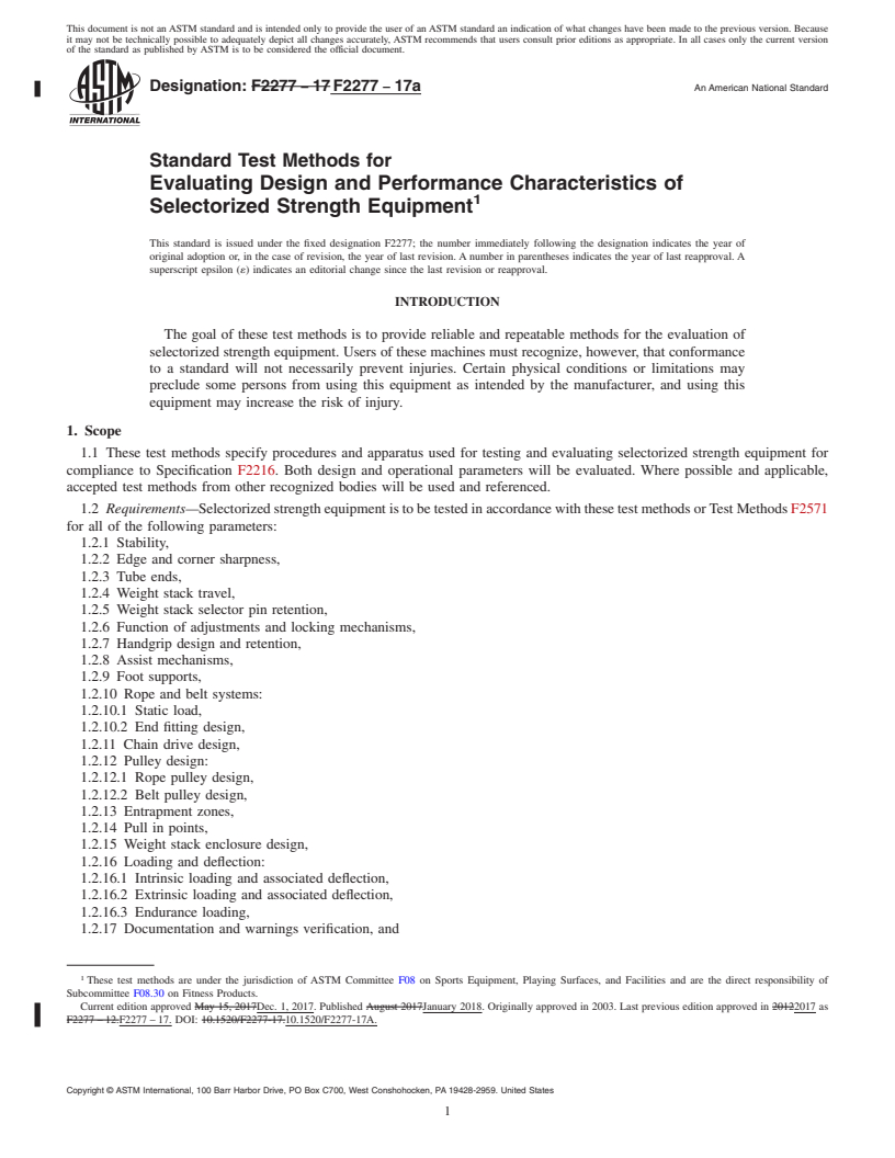 REDLINE ASTM F2277-17a - Standard Test Methods for Evaluating Design and Performance Characteristics of Selectorized  Strength Equipment