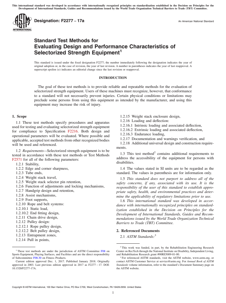 ASTM F2277-17a - Standard Test Methods for Evaluating Design and Performance Characteristics of Selectorized  Strength Equipment