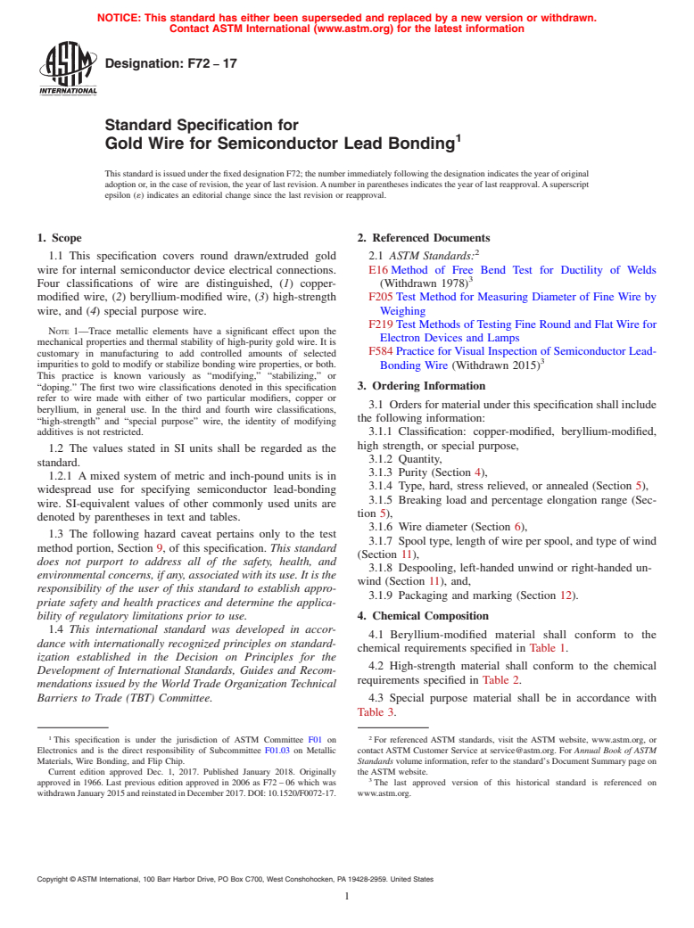ASTM F72-17 - Standard Specification for Gold Wire for Semiconductor Lead Bonding