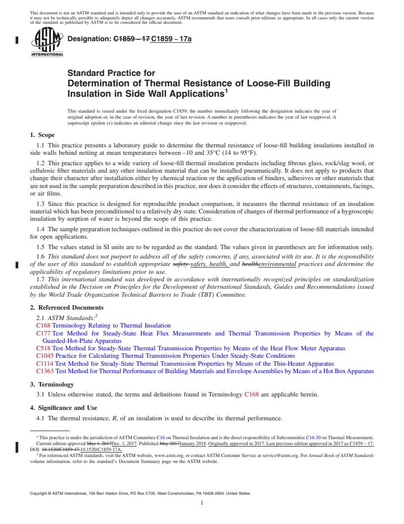REDLINE ASTM C1859-17a - Standard Practice for Determination of Thermal Resistance of Loose-Fill Building  Insulation in Side Wall Applications