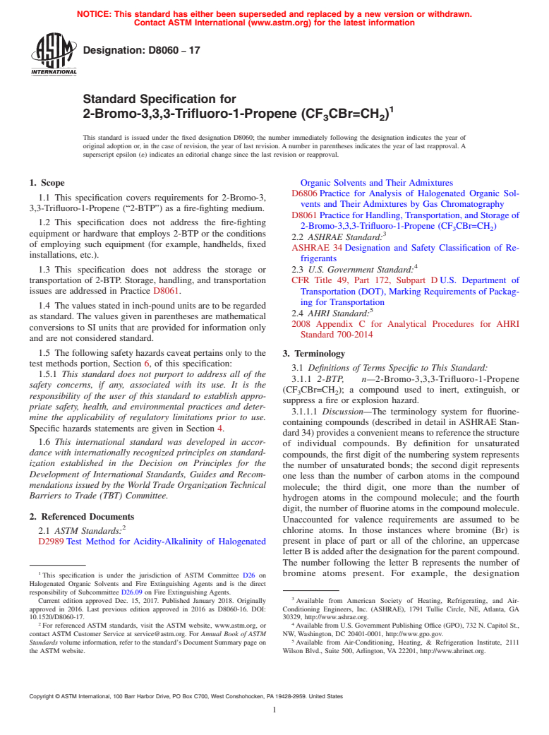 ASTM D8060-17 - Standard Specification for 2-Bromo-3,3,3-Trifluoro-1-Propene (CF<inf>3</inf>CBr=CH<inf  >2</inf>)