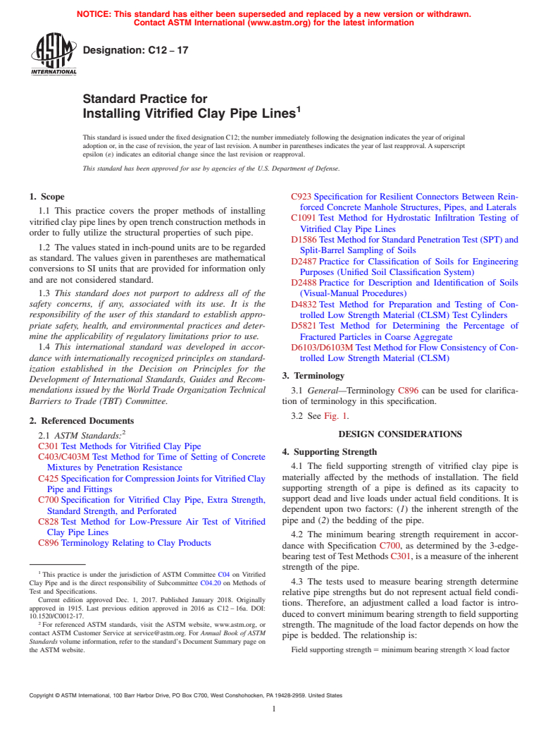 ASTM C12-17 - Standard Practice for Installing Vitrified Clay Pipe Lines