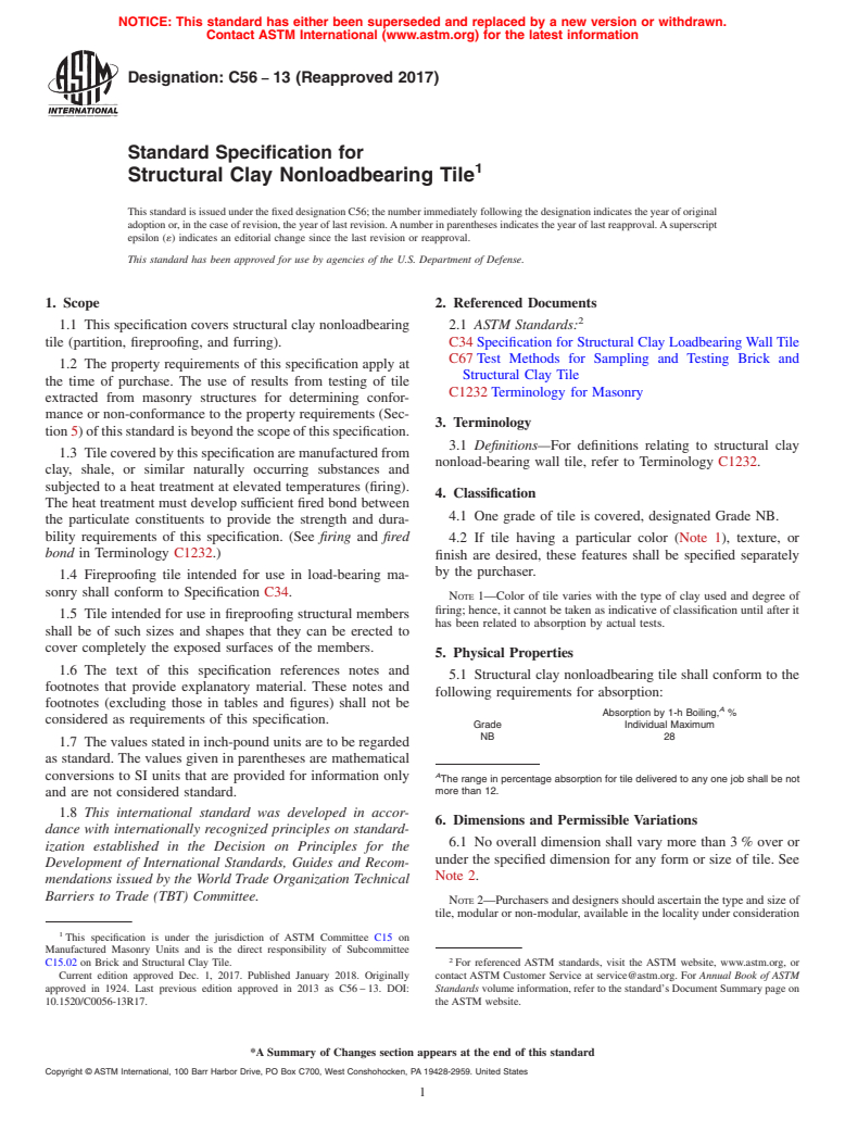 ASTM C56-13(2017) - Standard Specification for  Structural Clay Nonloadbearing Tile