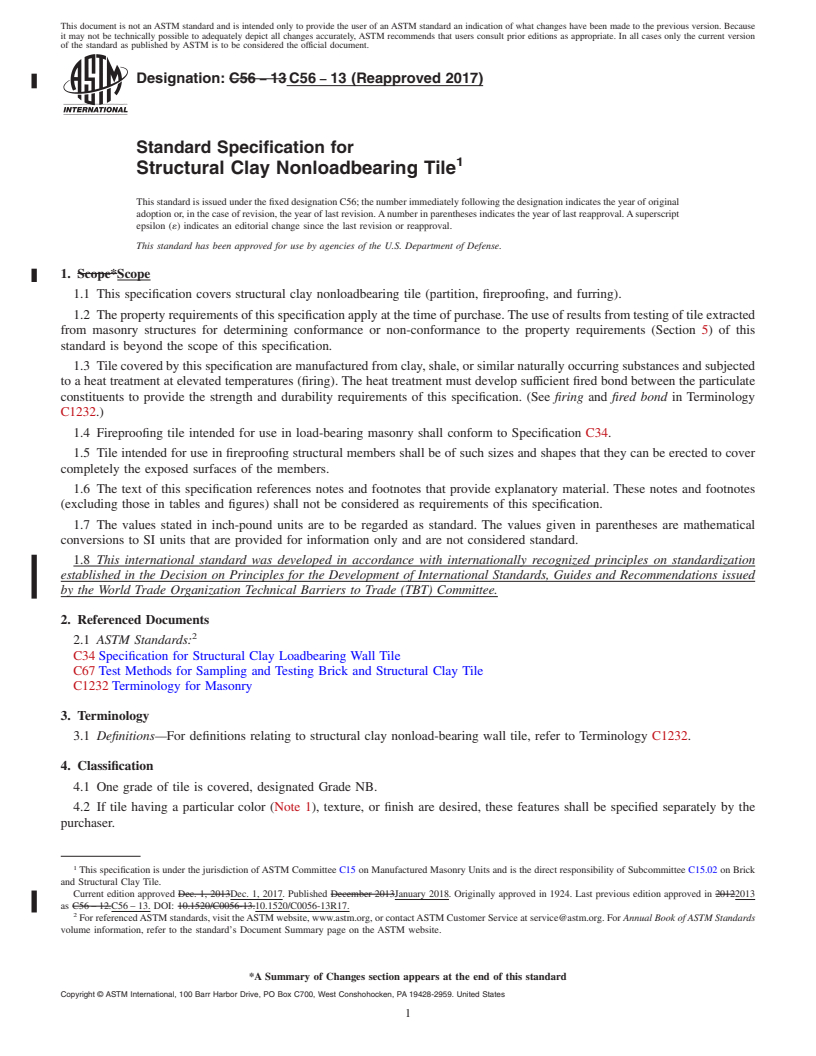 REDLINE ASTM C56-13(2017) - Standard Specification for  Structural Clay Nonloadbearing Tile