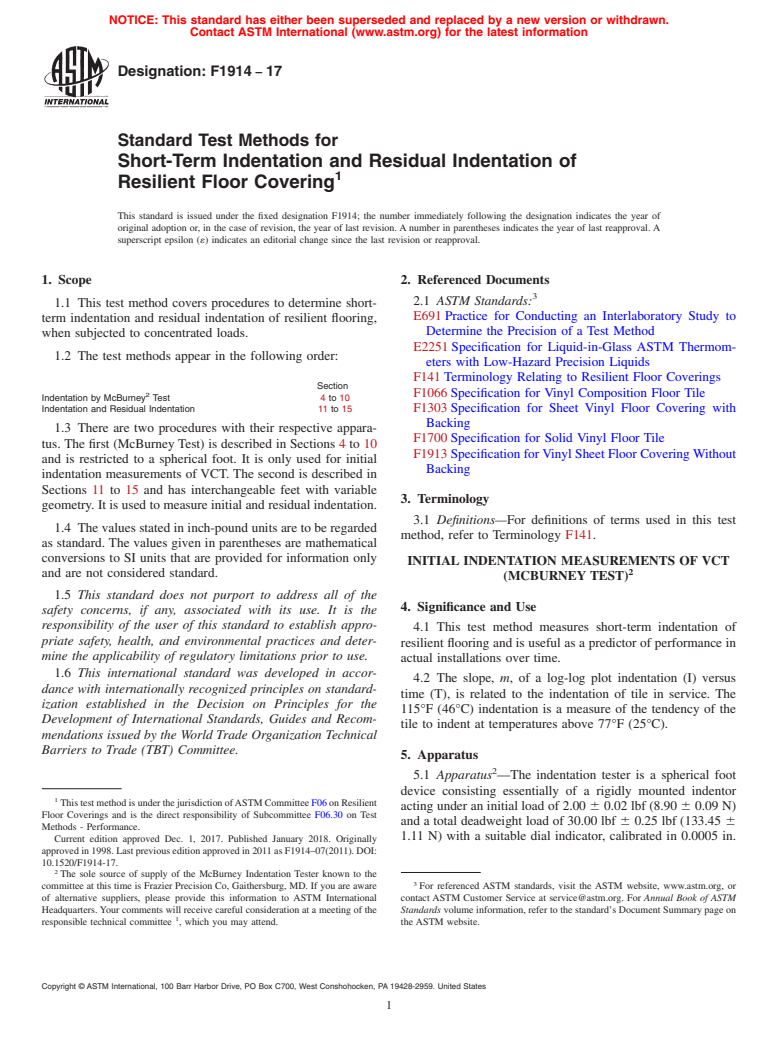 ASTM F1914-17 - Standard Test Methods for  Short-Term Indentation and Residual Indentation of Resilient  Floor Covering