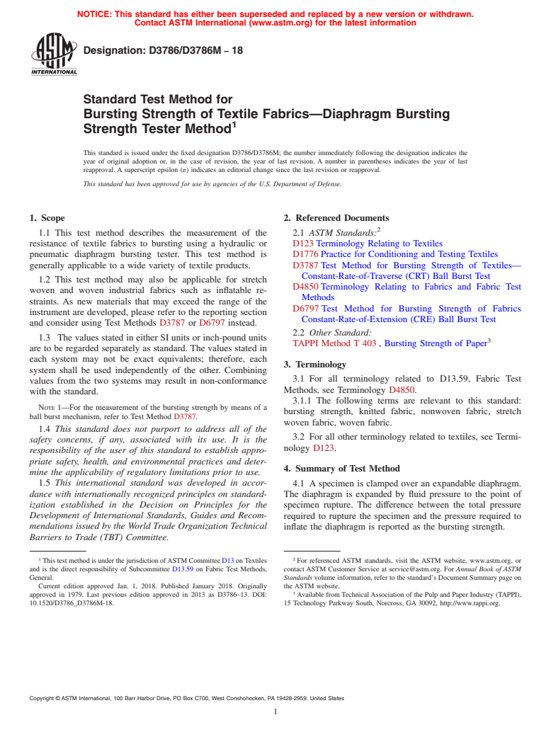 ASTM D3786/D3786M-18 - Standard Test Method for   Bursting Strength of Textile Fabrics&#x2014;Diaphragm Bursting   Strength Tester Method