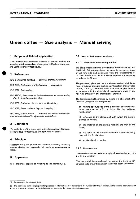 ISO 4150:1980 - Green coffee -- Size analysis -- Manual sieving