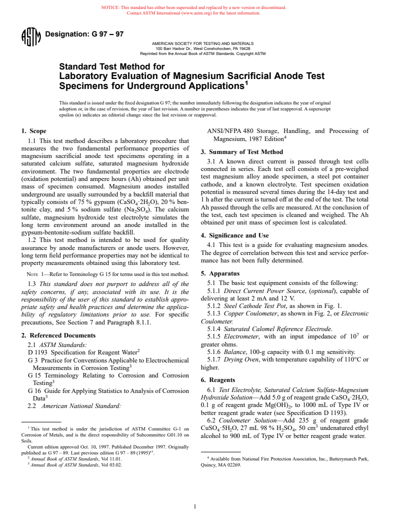 ASTM G97-97 - Standard Test Method for Laboratory Evaluation of Magnesium Sacrificial Anode Test Specimens for Underground Applications