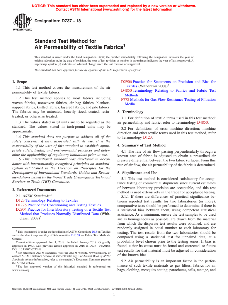 ASTM D737-18 - Standard Test Method for  Air Permeability of Textile Fabrics