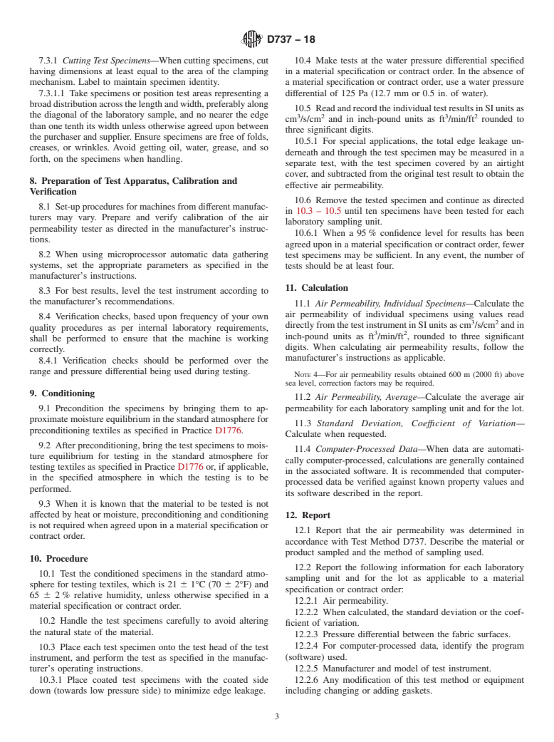 ASTM D737-18 - Standard Test Method for  Air Permeability of Textile Fabrics