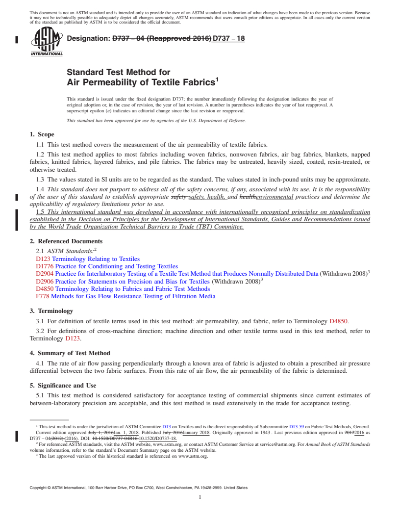 REDLINE ASTM D737-18 - Standard Test Method for  Air Permeability of Textile Fabrics