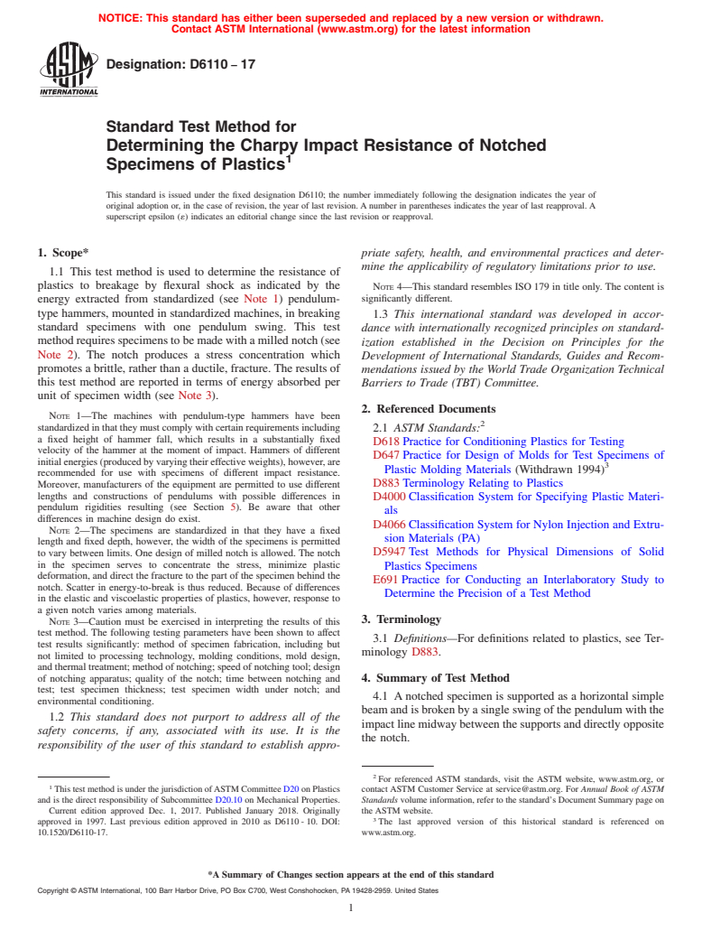 ASTM D6110-17 - Standard Test Method for  Determining the Charpy Impact Resistance of Notched Specimens  of Plastics