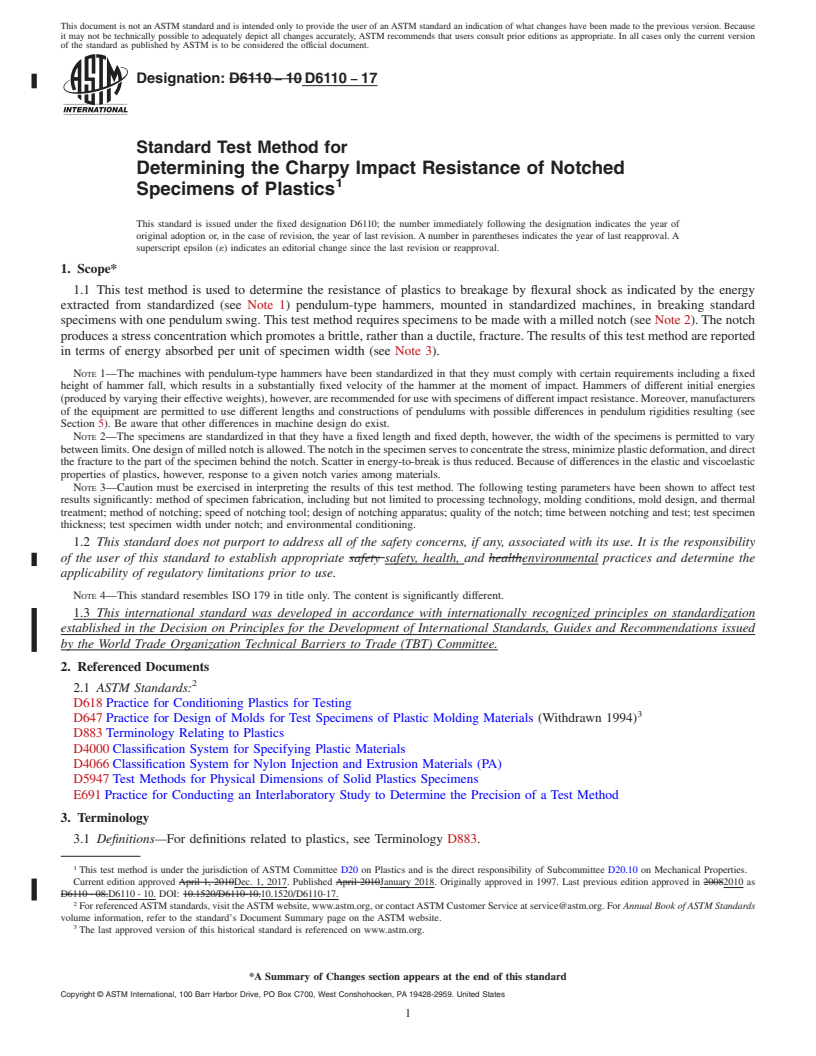 REDLINE ASTM D6110-17 - Standard Test Method for  Determining the Charpy Impact Resistance of Notched Specimens  of Plastics