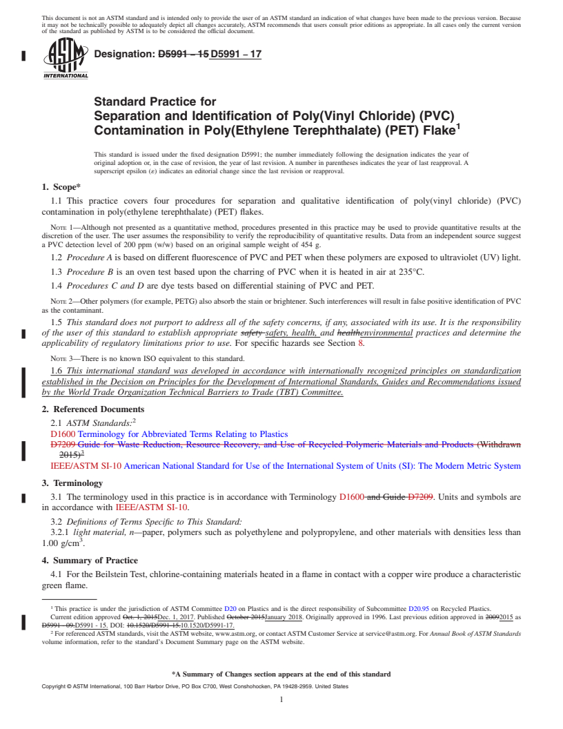 REDLINE ASTM D5991-17 - Standard Practice for  Separation and Identification of Poly(Vinyl Chloride) (PVC)  Contamination in Poly(Ethylene Terephthalate) (PET) Flake