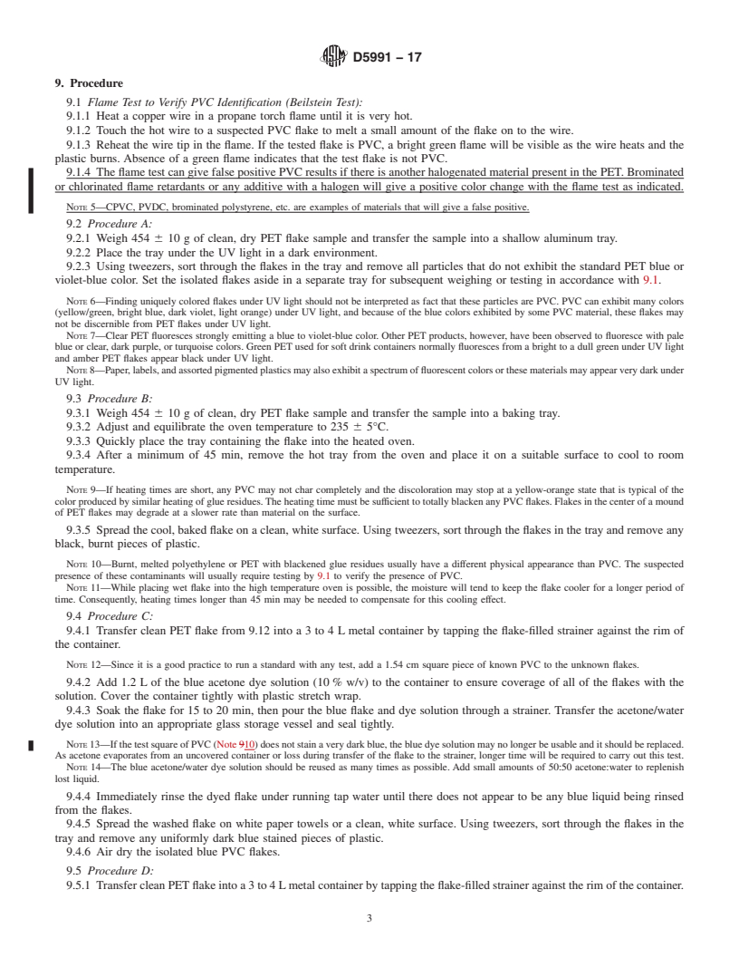 REDLINE ASTM D5991-17 - Standard Practice for  Separation and Identification of Poly(Vinyl Chloride) (PVC)  Contamination in Poly(Ethylene Terephthalate) (PET) Flake